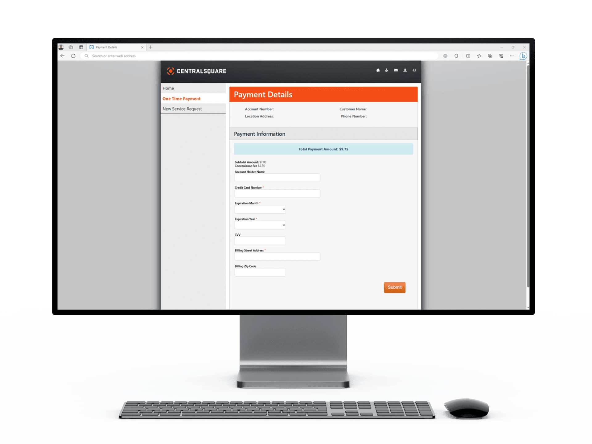 A desktop displays CentralSquare's Payments solution interface.